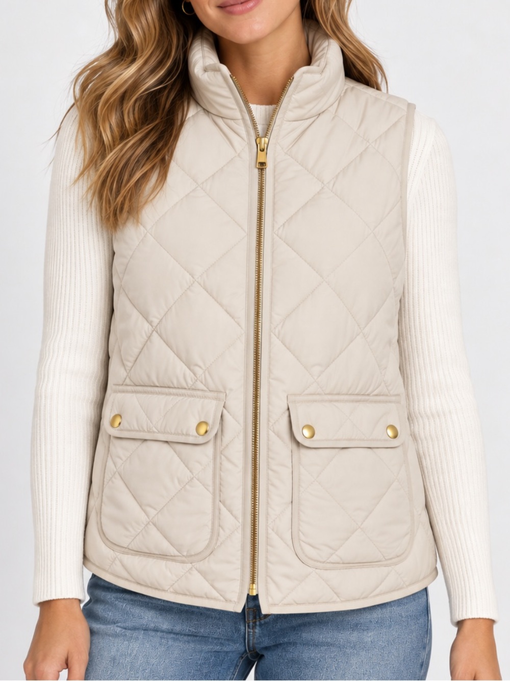 J. Crew Quilted Stand Collar Down Vest - Cream
